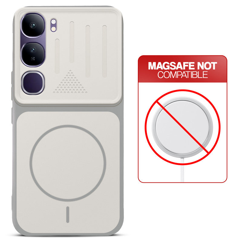 Grey-White back cover for Vivo Y300 5G with printed ring pattern and message showing not compatible with MagSafe charging.