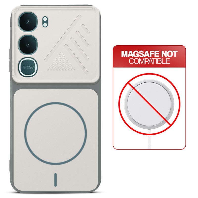 Grey-White back cover for Vivo Y31 Pro 5G with printed ring pattern and message showing not compatible with MagSafe charging.
