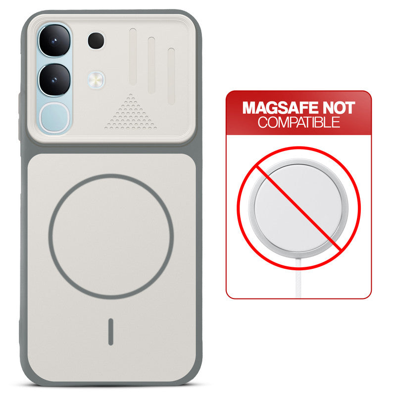 Grey-White back cover for Vivo Y31 5G with printed ring pattern and message showing not compatible with MagSafe charging.