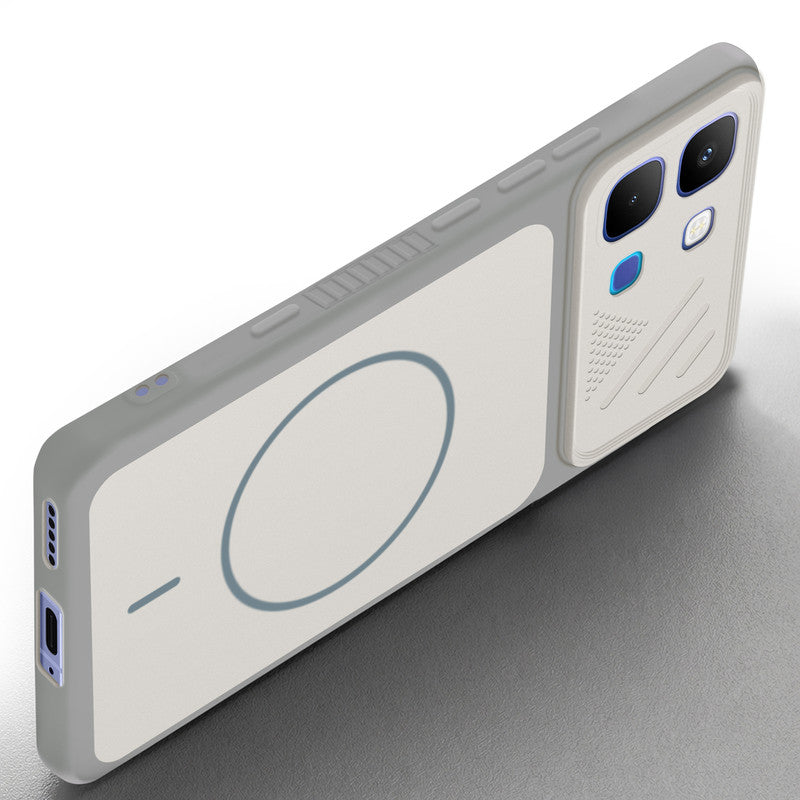 Angled view of Grey-White mobile case for Infinix Note Edge with proper charging port cutout, speaker holes and strong corner protection.