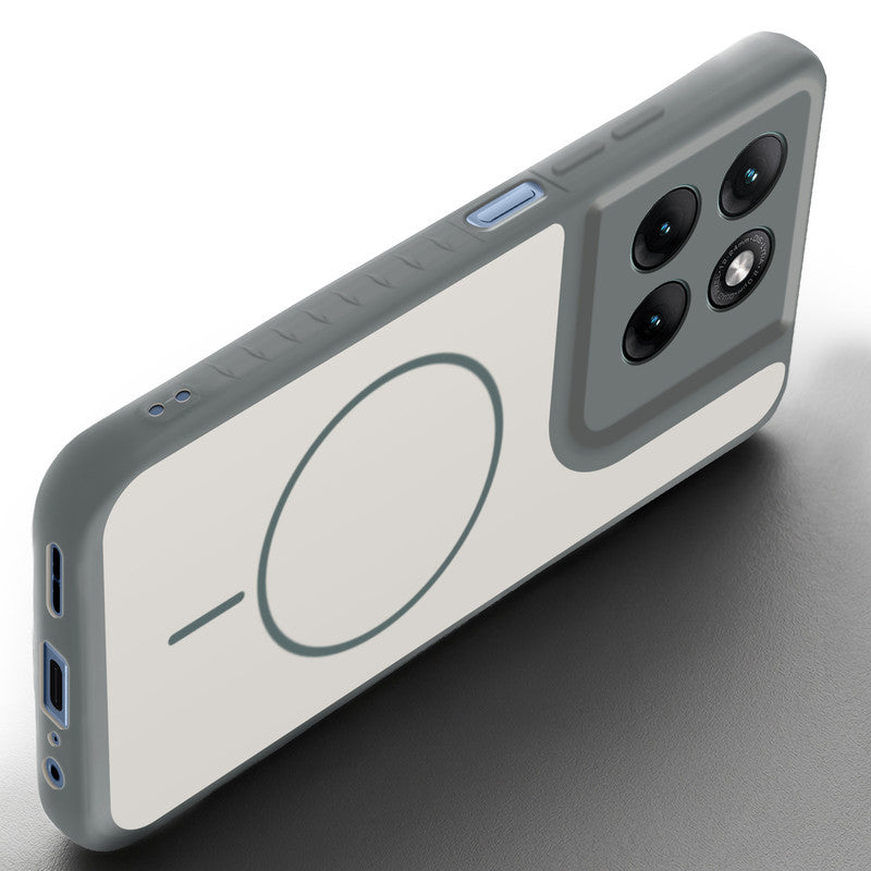 Angled view of Grey-White mobile case for Motorola G37 5G with proper charging port cutout, speaker holes and strong corner protection.