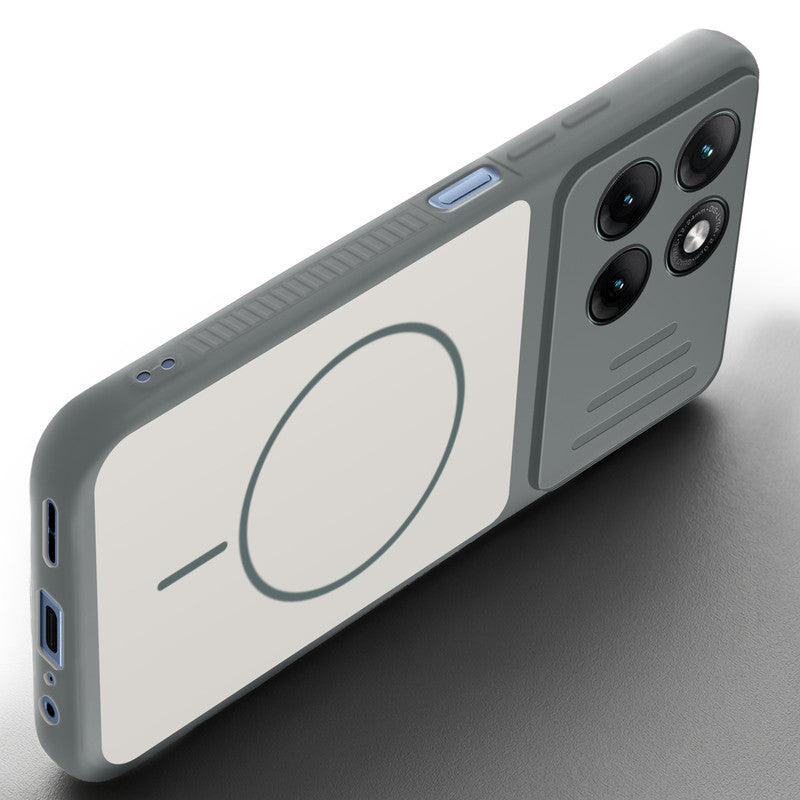 Angled view of Grey-White mobile case for Motorola G37 Power 5G with proper charging port cutout, speaker holes and strong corner protection.