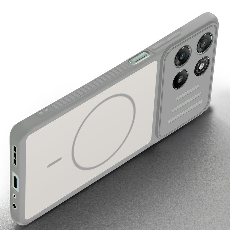 Angled view of Grey-White mobile case for Motorola G57 Power 5G with proper charging port cutout, speaker holes and strong corner protection.