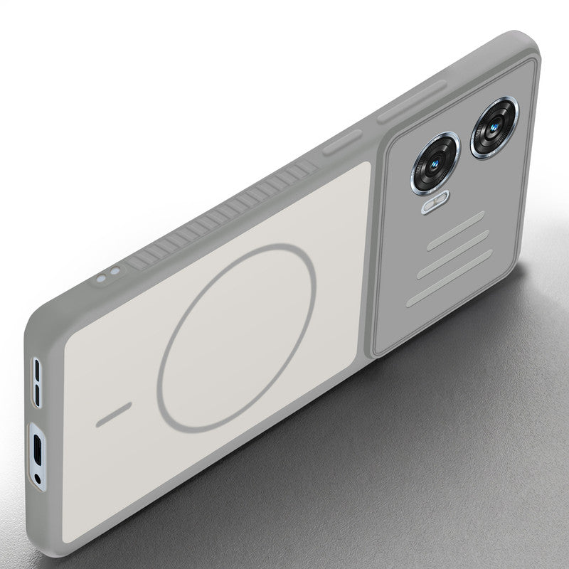 Angled view of Grey-White mobile case for Motorola Moto G85 5G with proper charging port cutout, speaker holes and strong corner protection.