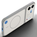 Angled view of Grey-White mobile case for Nothing Phone 4B 5G with proper charging port cutout, speaker holes and strong corner protection.