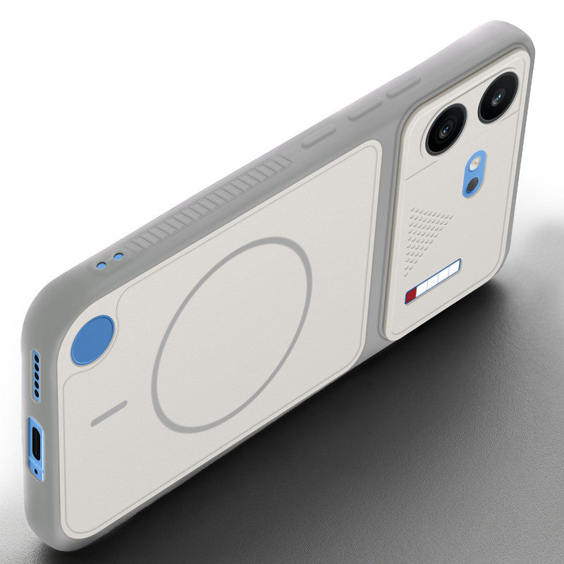 Angled view of Grey-White mobile case for Nothing Phone 4B 5G with proper charging port cutout, speaker holes and strong corner protection.