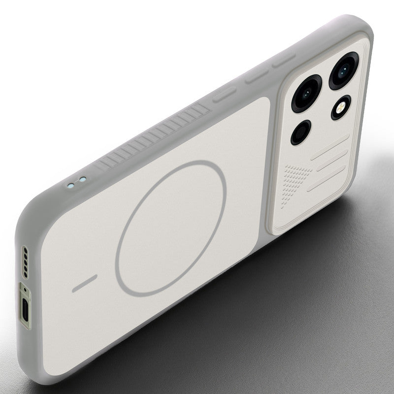 Angled view of Grey-White mobile case for OnePlus Nord 6 5G with proper charging port cutout, speaker holes and strong corner protection.