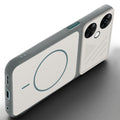 Angled view of Grey-White mobile case for OnePlus Nord CE 3 Lite 5G with proper charging port cutout, speaker holes and strong corner protection.