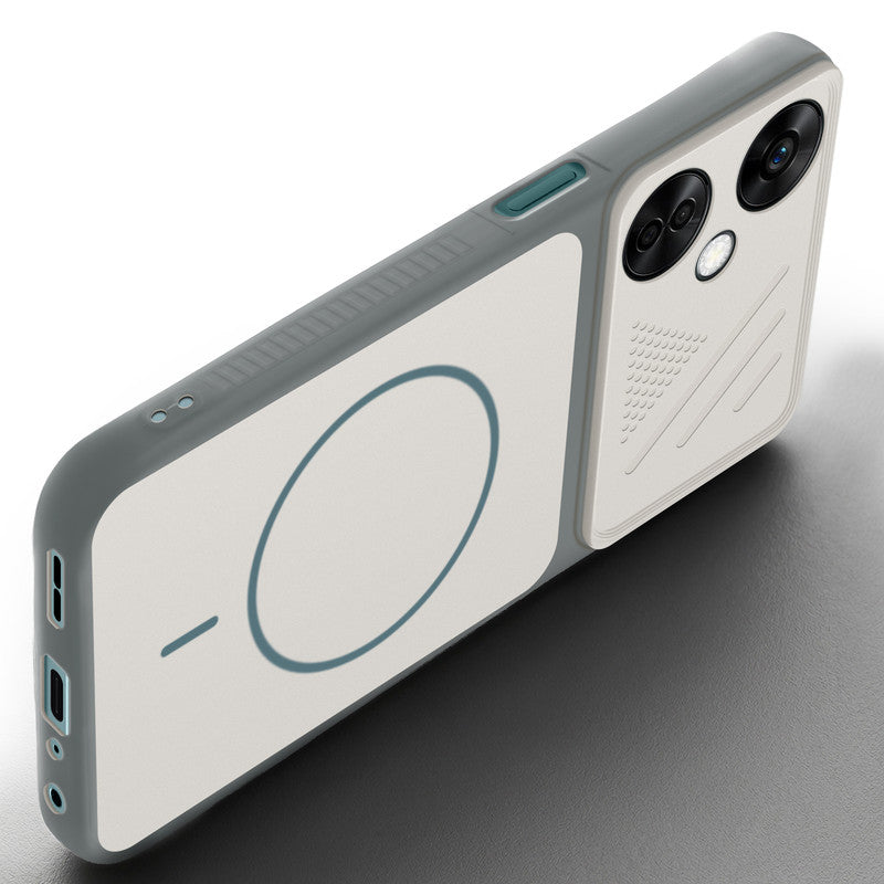 Angled view of Grey-White mobile case for OnePlus Nord CE 3 Lite 5G with proper charging port cutout, speaker holes and strong corner protection.