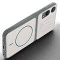 Angled view of Grey-White mobile case for OnePlus Nord CE 4 Lite 5G with proper charging port cutout, speaker holes and strong corner protection.