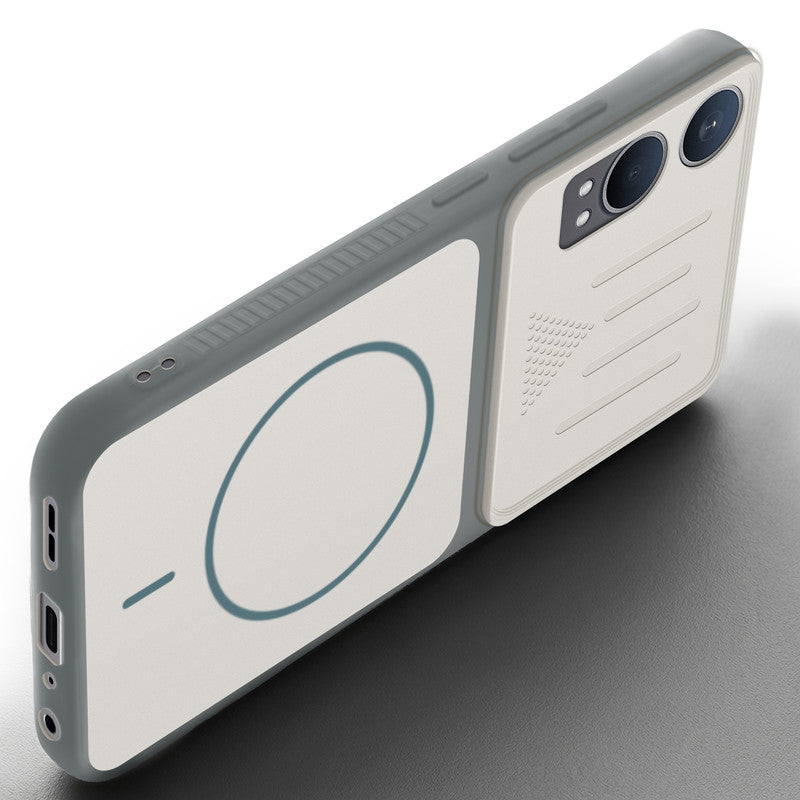 Angled view of Grey-White mobile case for OnePlus Nord CE 4 Lite 5G with proper charging port cutout, speaker holes and strong corner protection.
