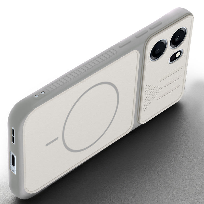Angled view of Grey-White mobile case for OnePlus Nord CE 6 5G with proper charging port cutout, speaker holes and strong corner protection.