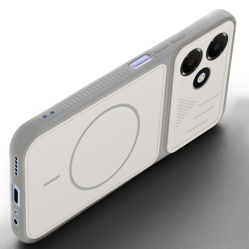 Angled view of Grey-White mobile case for Oppo A6C 4G with proper charging port cutout, speaker holes and strong corner protection.
