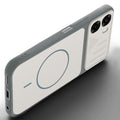 Angled view of Grey-White mobile case for Oppo A6s 5G with proper charging port cutout, speaker holes and strong corner protection.