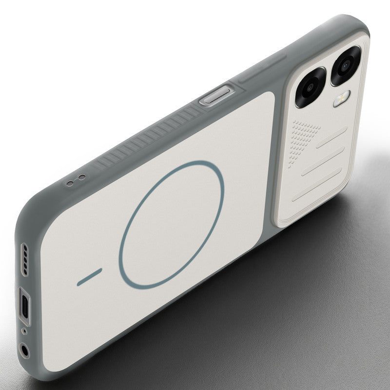 Angled view of Grey-White mobile case for Oppo A6x 5G with proper charging port cutout, speaker holes and strong corner protection.