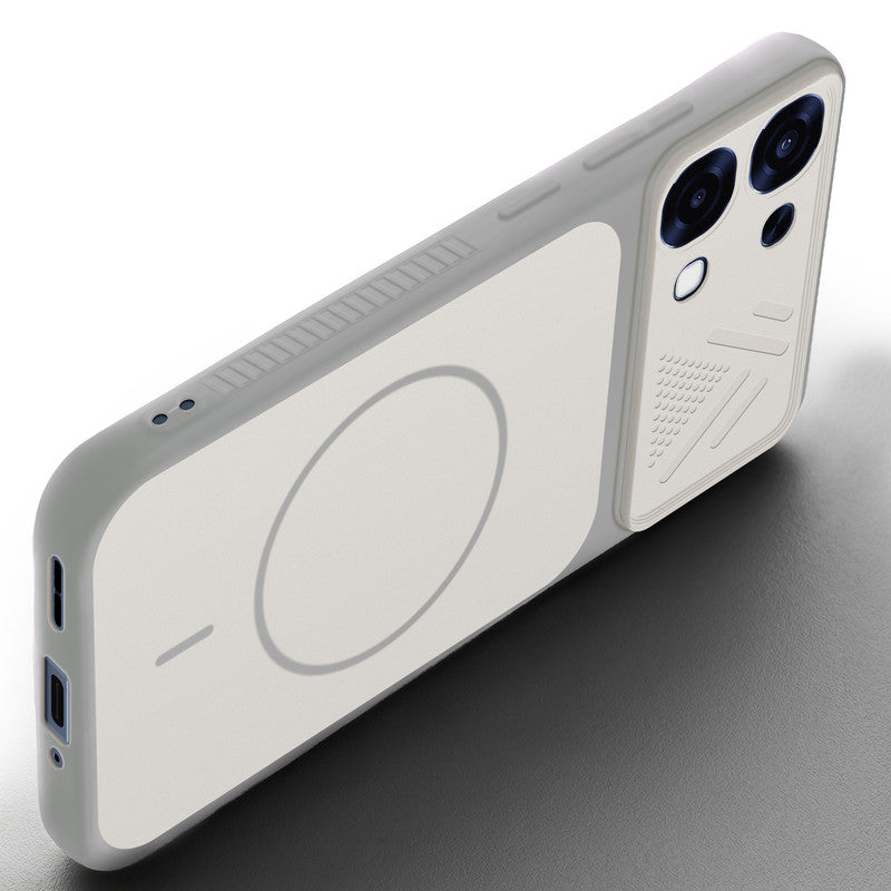 Angled view of Grey-White mobile case for Oppo F31 5G with proper charging port cutout, speaker holes and strong corner protection.