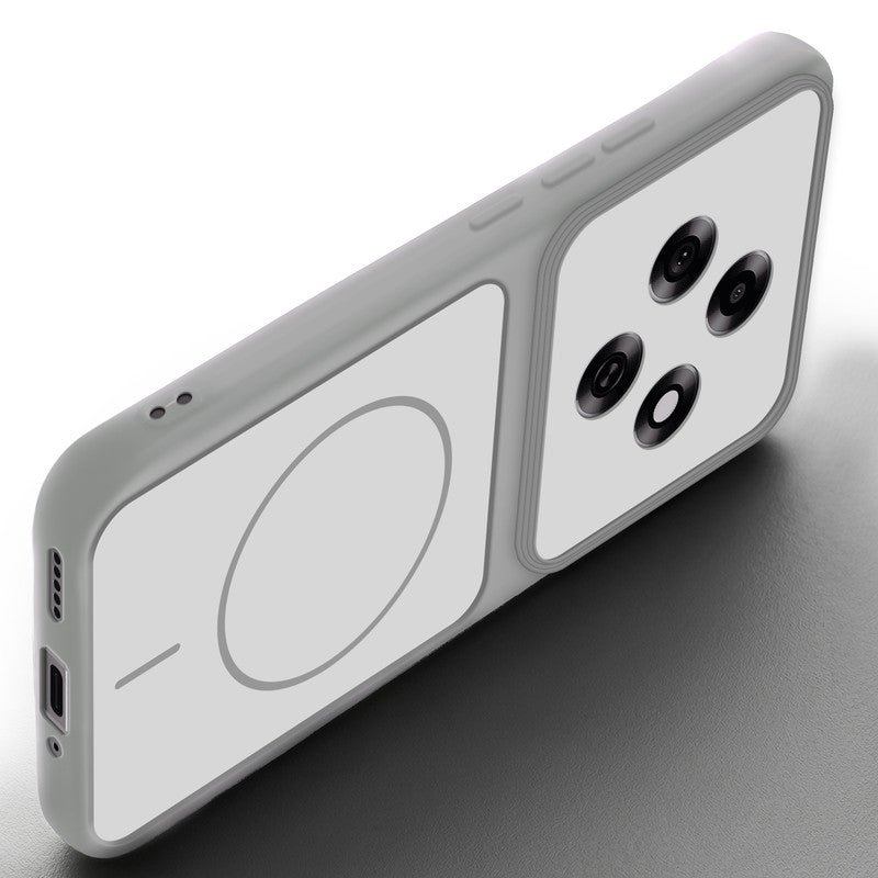 Angled view of Grey-White mobile case for Oppo F31 Pro 5G with proper charging port cutout, speaker holes and strong corner protection.