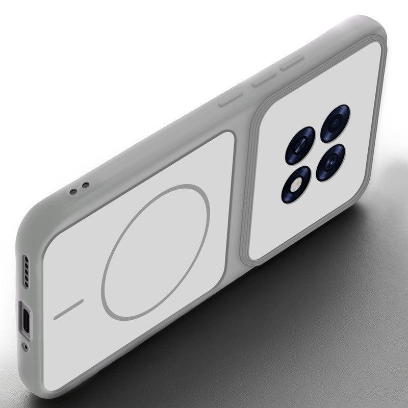 Angled view of Grey-White mobile case for Oppo F31 Pro Plus 5G with proper charging port cutout, speaker holes and strong corner protection.