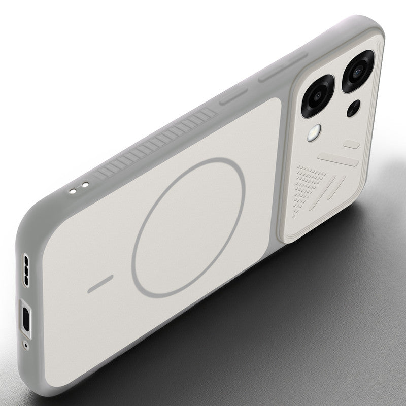 Angled view of Grey-White mobile case for Oppo F33 5G with proper charging port cutout, speaker holes and strong corner protection.
