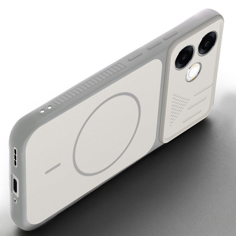 Angled view of Grey-White mobile case for Oppo F33 Pro 5G with proper charging port cutout, speaker holes and strong corner protection.
