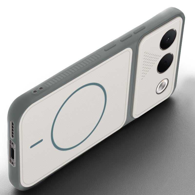 Angled view of Grey-White mobile case for Oppo F35 5G with proper charging port cutout, speaker holes and strong corner protection.