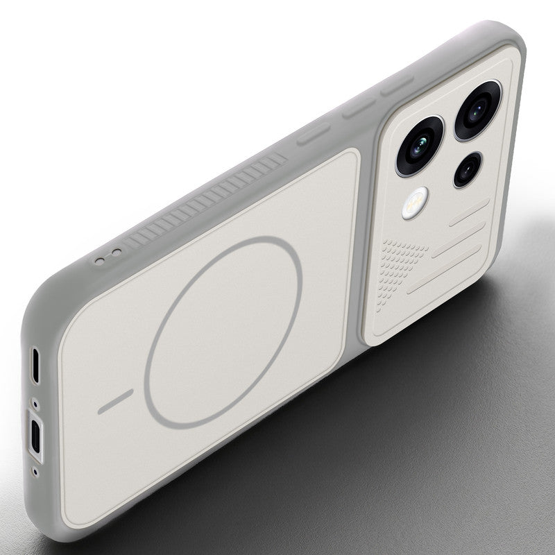 Angled view of Grey-White mobile case for Oppo Reno 16C 5G with proper charging port cutout, speaker holes and strong corner protection.