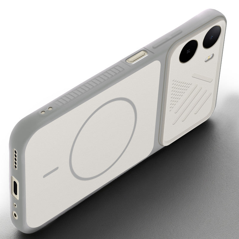 Angled view of Grey-White mobile case for Poco C81 4G with proper charging port cutout, speaker holes and strong corner protection.