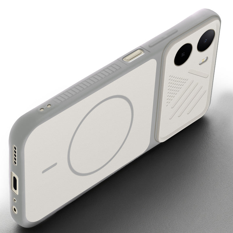 Angled view of Grey-White mobile case for Poco C85x 5G with proper charging port cutout, speaker holes and strong corner protection.