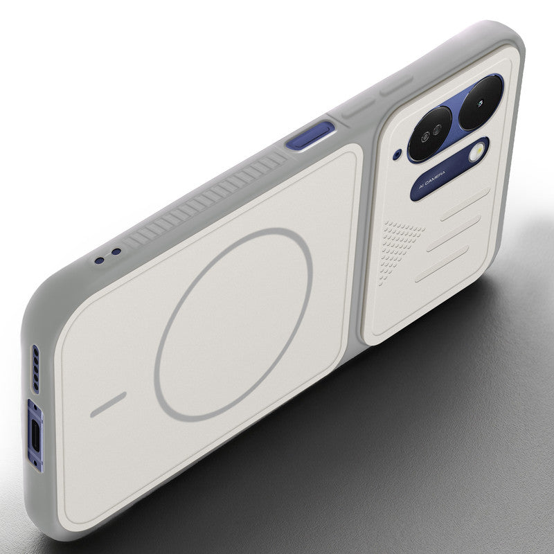 Angled view of Grey-White mobile case for Poco M8x 5G with proper charging port cutout, speaker holes and strong corner protection.