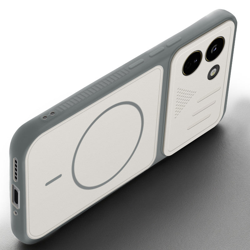 Angled view of Grey-White mobile case for Poco X8 Power 5G with proper charging port cutout, speaker holes and strong corner protection.