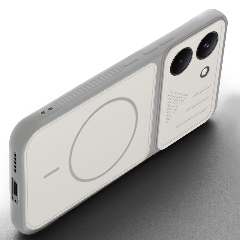 Angled view of Grey-White mobile case for Poco X8 Pro 5G with proper charging port cutout, speaker holes and strong corner protection.