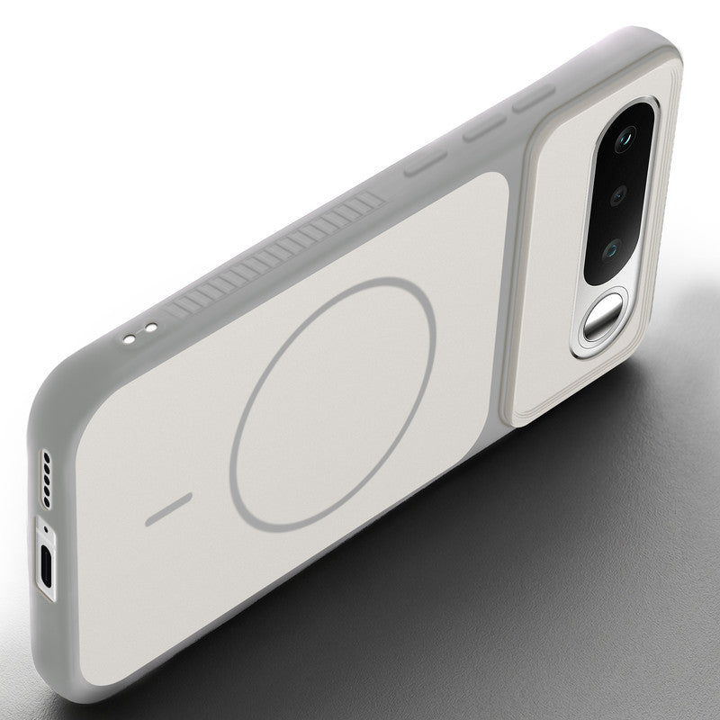 Angled view of Grey-White mobile case for Realme 16 5G with proper charging port cutout, speaker holes and strong corner protection.