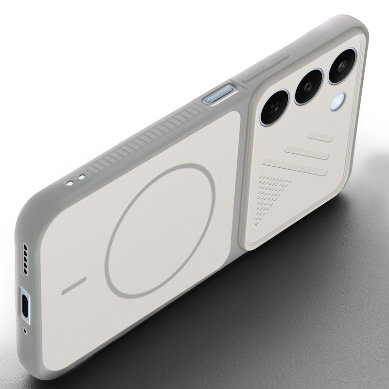 Angled view of Grey-White mobile case for Realme C83 5G with proper charging port cutout, speaker holes and strong corner protection.