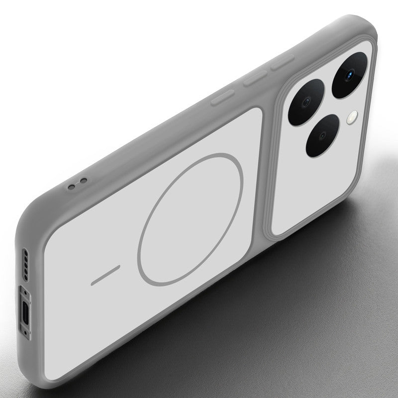 Angled view of Grey-White mobile case for Realme Narzo 90 5G with proper charging port cutout, speaker holes and strong corner protection.