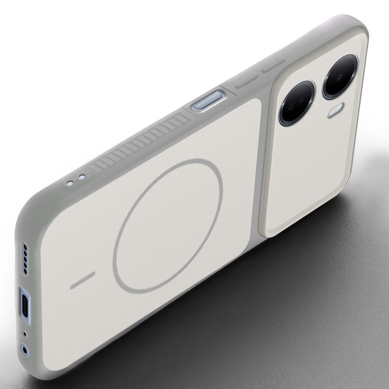 Angled view of Grey-White mobile case for Redmi 15A 5G with proper charging port cutout, speaker holes and strong corner protection.