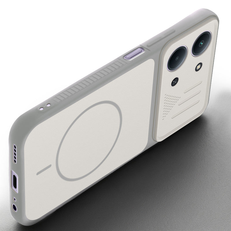 Angled view of Grey-White mobile case for Redmi 15C 5G with proper charging port cutout, speaker holes and strong corner protection.