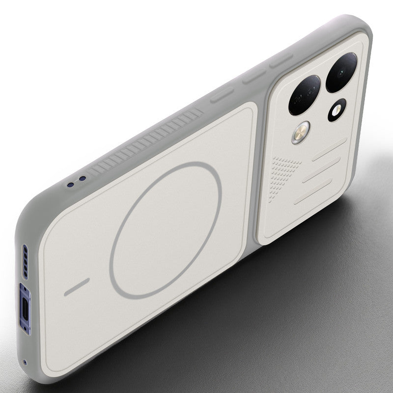 Angled view of Grey-White mobile case for Redmi 17 5G with proper charging port cutout, speaker holes and strong corner protection.