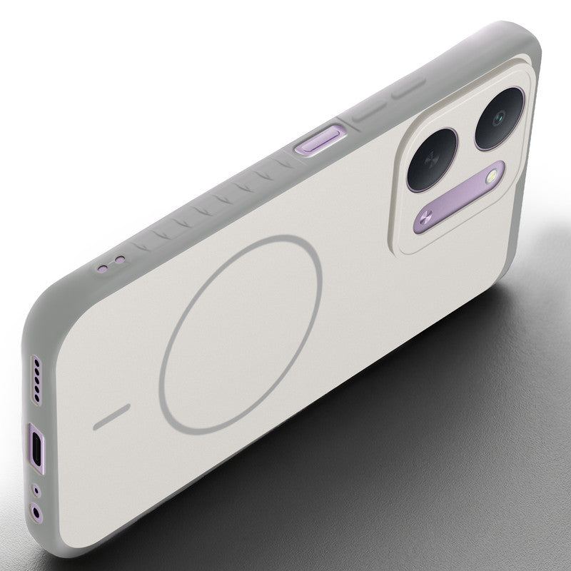 Angled view of Grey-White mobile case for Redmi 17C 5G with proper charging port cutout, speaker holes and strong corner protection.