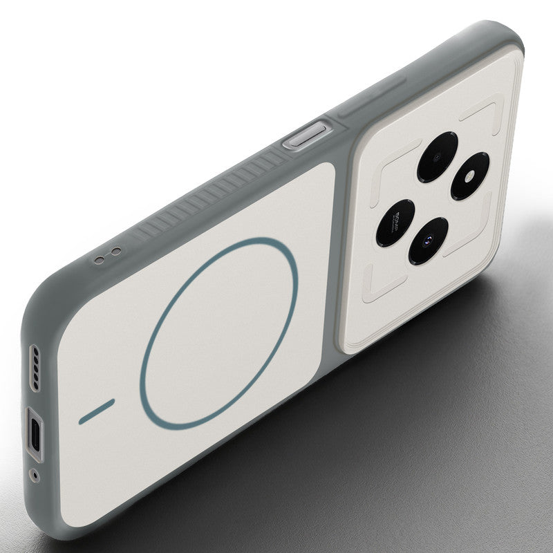 Angled view of Grey-White mobile case for Redmi A4 5G with proper charging port cutout, speaker holes and strong corner protection.