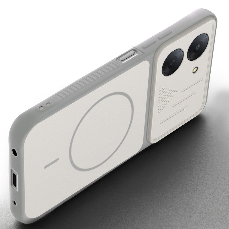 Angled view of Grey-White mobile case for Redmi A7 4G with proper charging port cutout, speaker holes and strong corner protection.