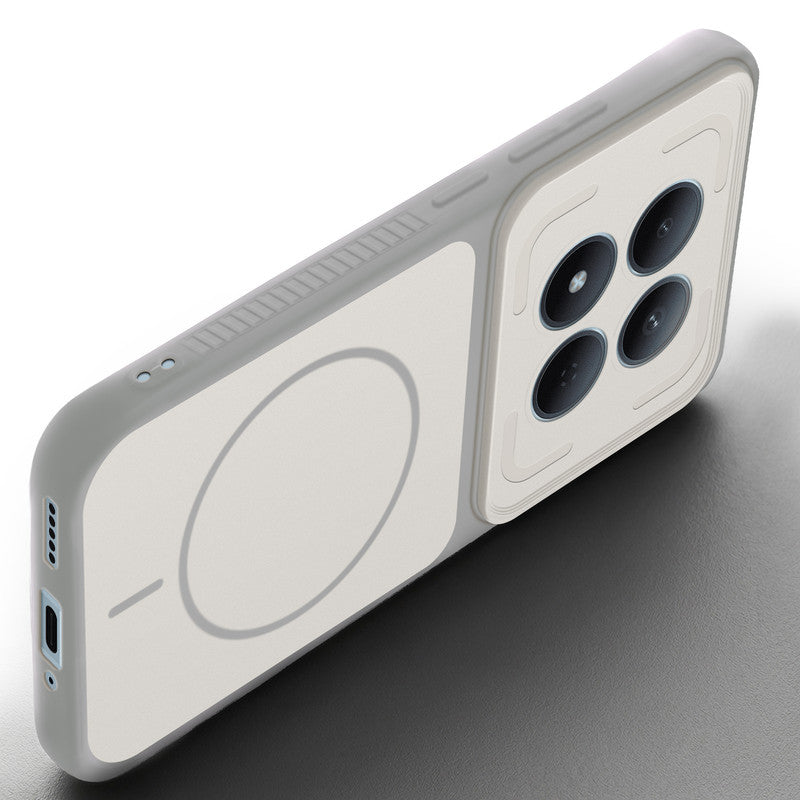 Angled view of Grey-White mobile case for Redmi Note 15 Pro 5G with proper charging port cutout, speaker holes and strong corner protection.