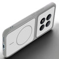 Angled view of Grey-White mobile case for Redmi Note 15 Pro 5G with proper charging port cutout, speaker holes and strong corner protection.