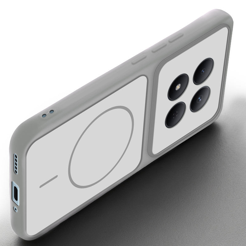 Angled view of Grey-White mobile case for Redmi Note 15 Pro 5G with proper charging port cutout, speaker holes and strong corner protection.