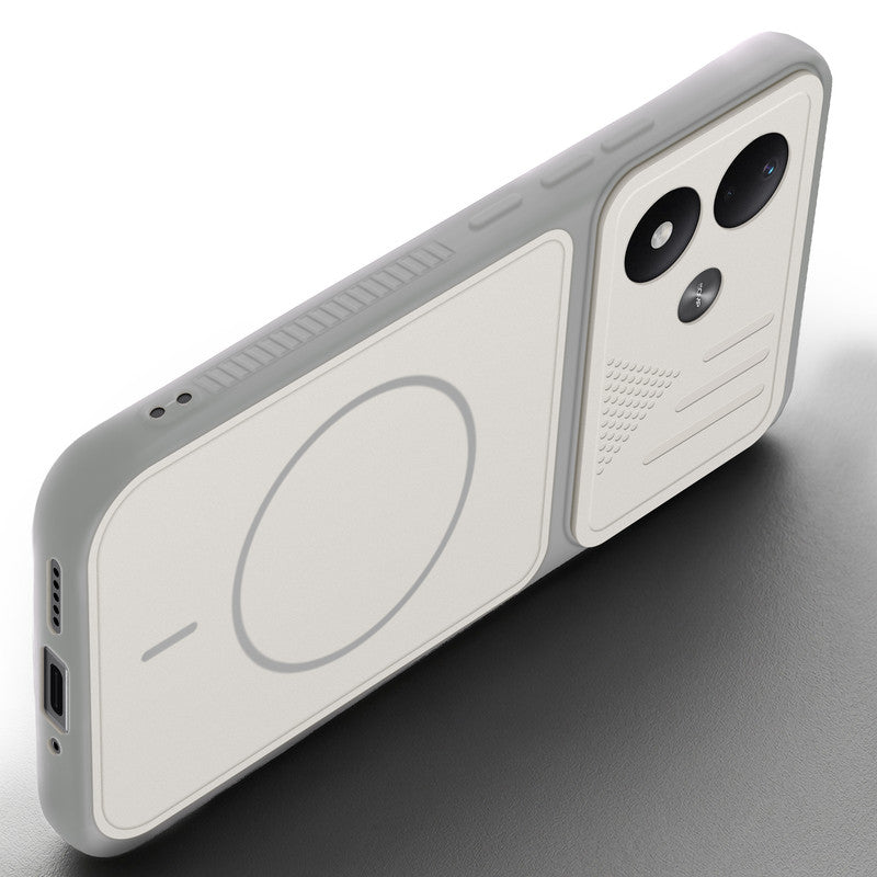 Angled view of Grey-White mobile case for Redmi Note 17 5G with proper charging port cutout, speaker holes and strong corner protection.