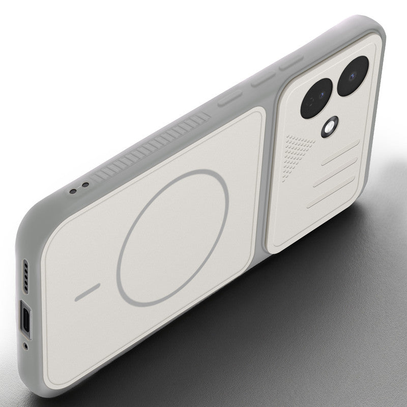 Angled view of Grey-White mobile case for Redmi Note 17 Pro 5G with proper charging port cutout, speaker holes and strong corner protection.