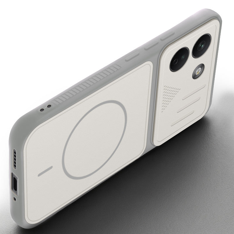 Angled view of Grey-White mobile case for Redmi Note 17 Pro Max 5G with proper charging port cutout, speaker holes and strong corner protection.
