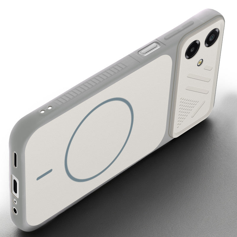 Angled view of Grey-White mobile case for Samsung A07 5G with proper charging port cutout, speaker holes and strong corner protection.