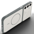 Angled view of Grey-White mobile case for Samsung A16 5G with proper charging port cutout, speaker holes and strong corner protection.
