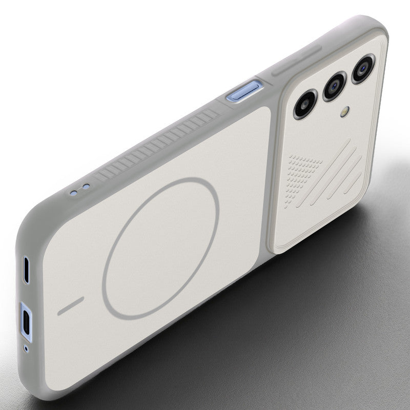 Angled view of Grey-White mobile case for Samsung A17 5G with proper charging port cutout, speaker holes and strong corner protection.