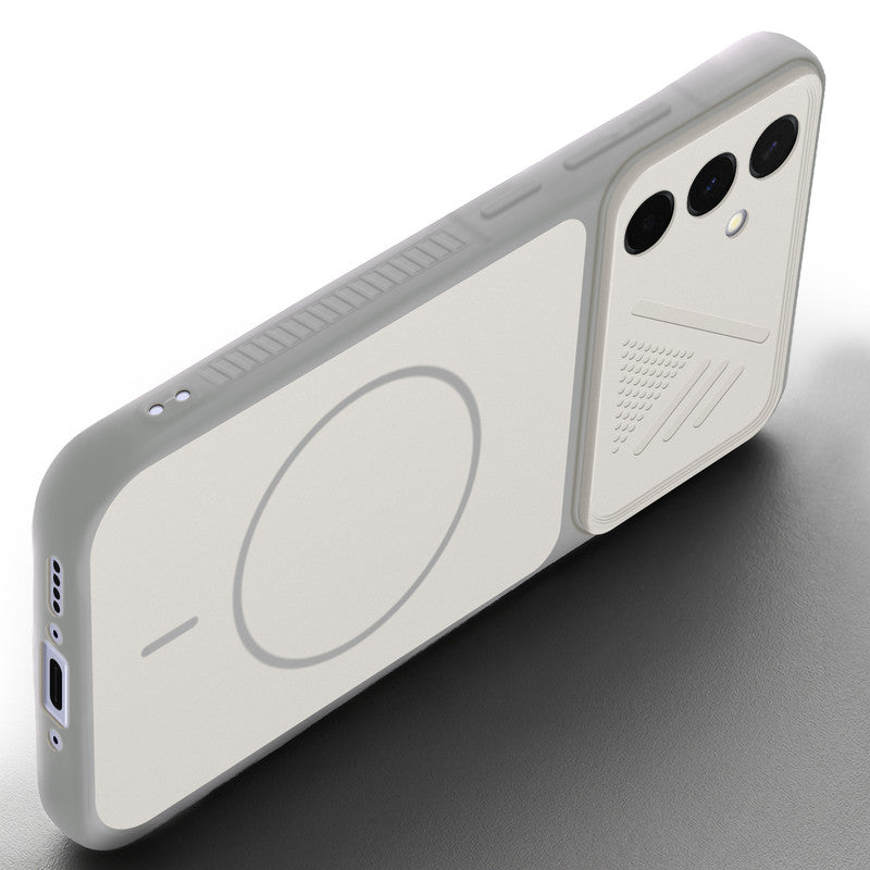 Angled view of Grey-White mobile case for Samsung A36 5G with proper charging port cutout, speaker holes and strong corner protection.